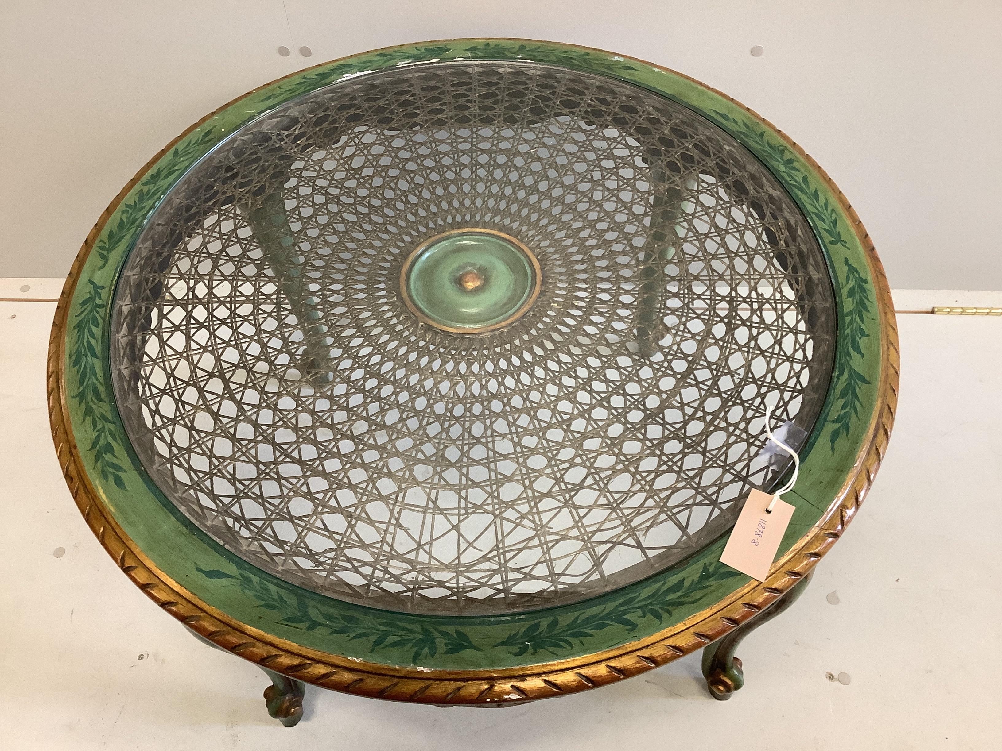 A French painted circular caned glass top coffee table, diameter 80cm, height 50cm